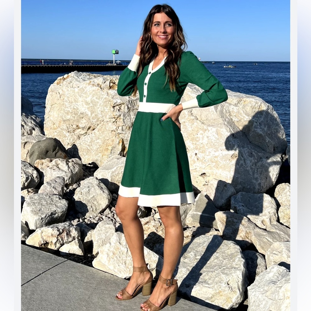 ZESICA Long Sleeve V Neck Sweater Dress Collar Ribbed Knit Mini Dress Size S